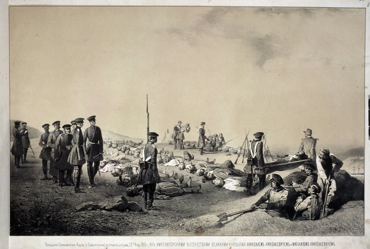 Velkovévodové Nikolaj Nikolajevič a Michael Nikolajevič na návštěvě redupce po útoku dne 12. února 1855 (litografie) od Georg Wilhelm Timm