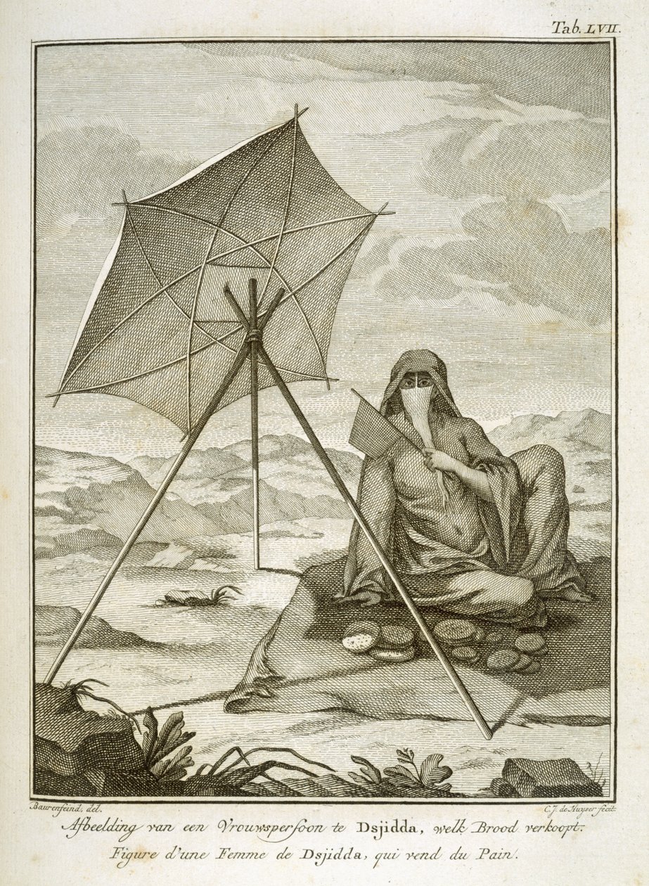 Žena z Dsjiddy, která vyrábí plochý chléb v poušti, vyryl C.J. de Huyser, publikováno kolem 1772-74 od Georg Wilhelm Baurenfeind