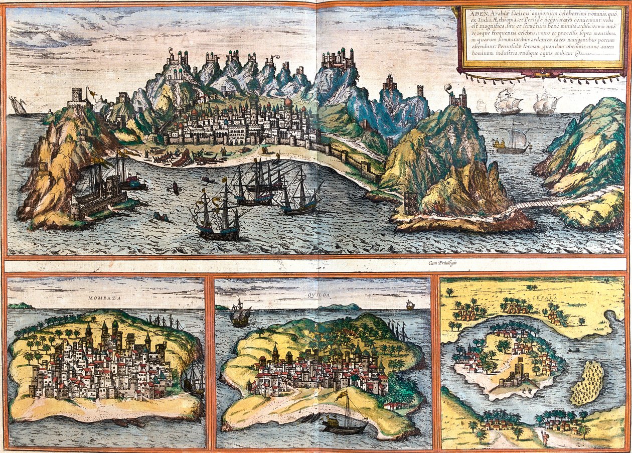 Aden, Mombasa, Kilwa, Nova Sofala, Jemen, Keňa, Tanzanie, Mosambik od Georg and Hogenberg Franz (1535 90) Braun