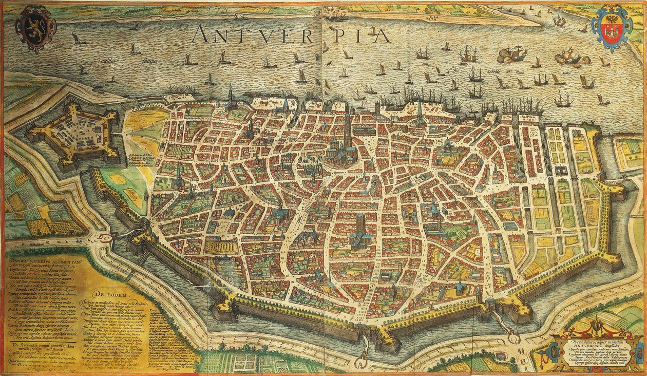 Belgie, Antverpy od Georga Brauna a Franze Hogenberga z Cities of the World, barevná rytina od Georg Braun and Hogenberg Franz