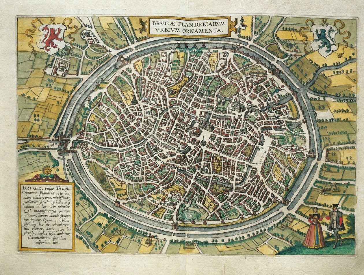 Belgie, mapa Brugg z Civitates Orbis Terrarum od Georga Brauna (1541-1622) a Franze Hogenberga (1540-1590), Kolín nad Rýnem, rytina od Georg Braun and Hogenberg Franz