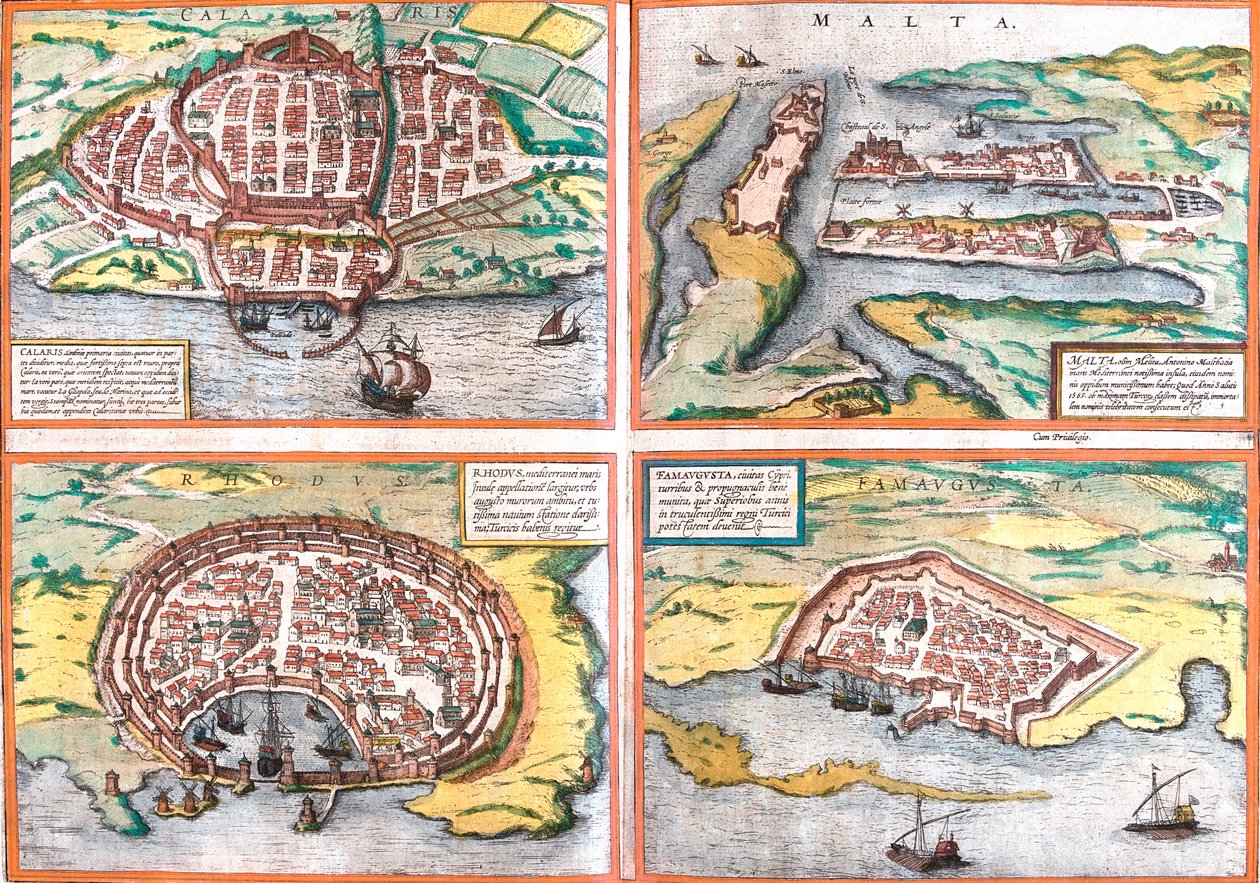 Cagliari, Malta, Rhodos, Famagusta, Itálie, Malta, Řecko, Kypr od Georg and Hogenberg Franz (1535 90) Braun
