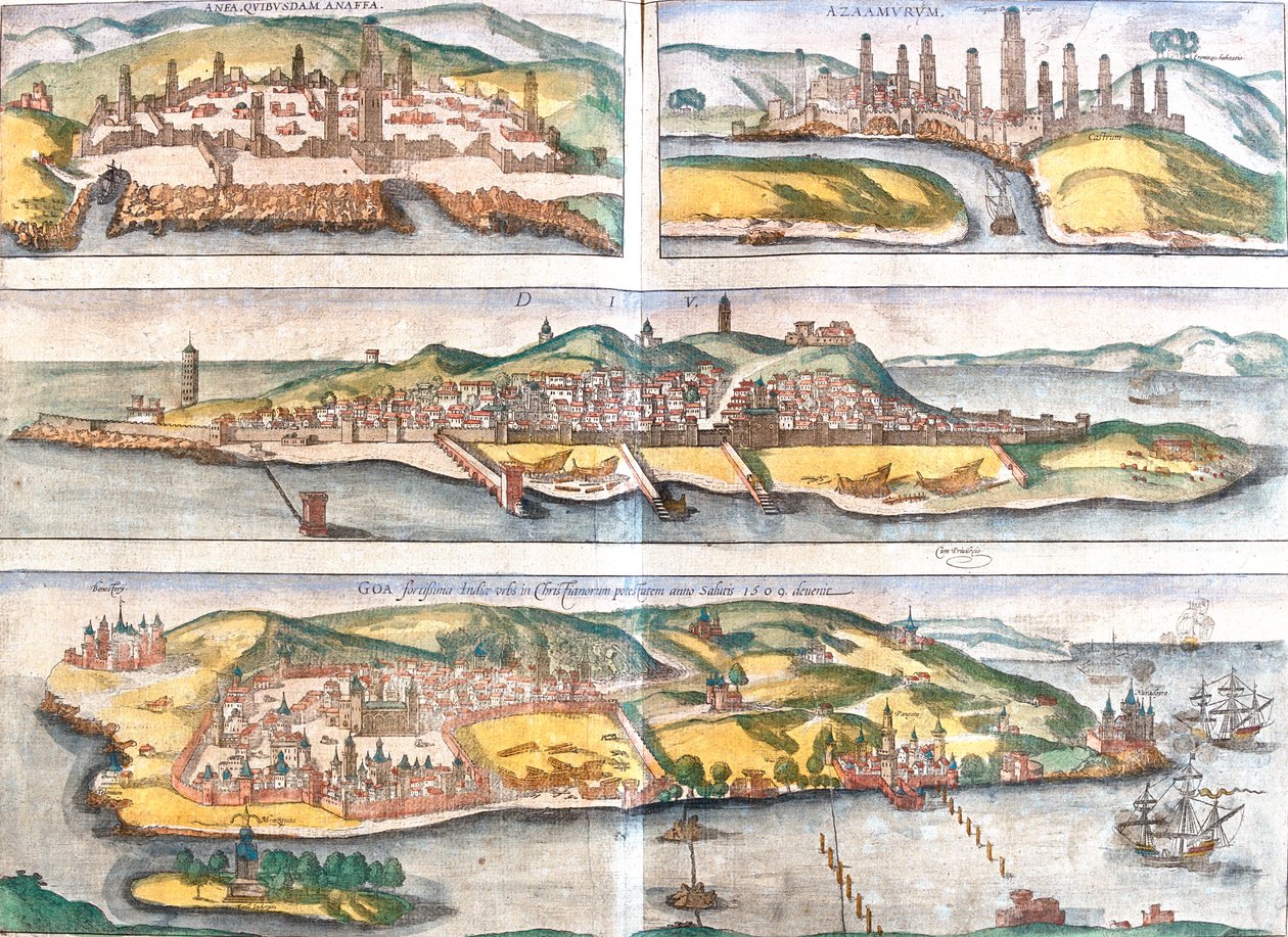 Casablanca, Azemmour, Diu, Goa, Maroko, Indie od Georg and Hogenberg Franz (1535-90) Braun