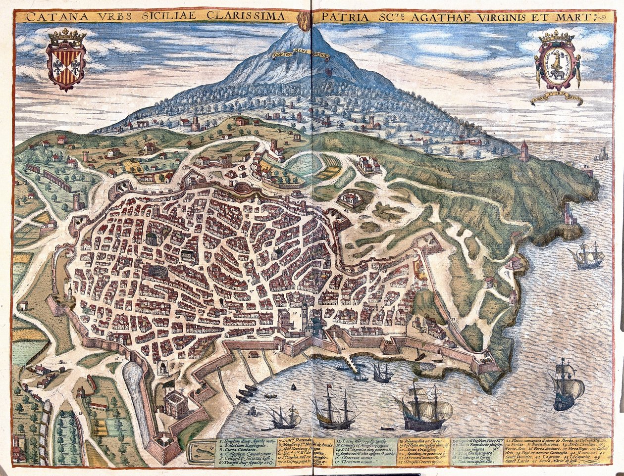Catania, s Etnou v pozadí, Sicílie, Itálie (rytina od Georg Braun and Hogenberg Franz