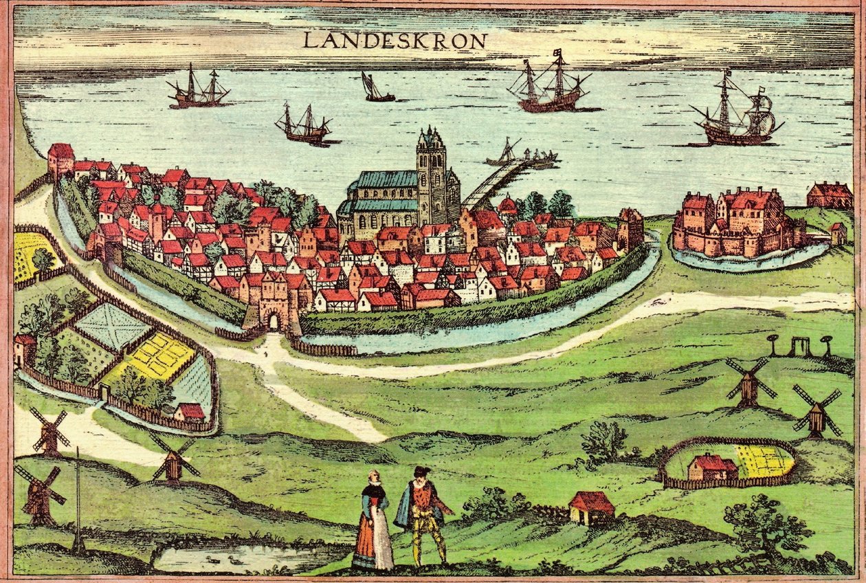 Město Landskrona, protihabsburský přístav, Dánsko od Georg and Hogenberg Franz (1535 90) Braun