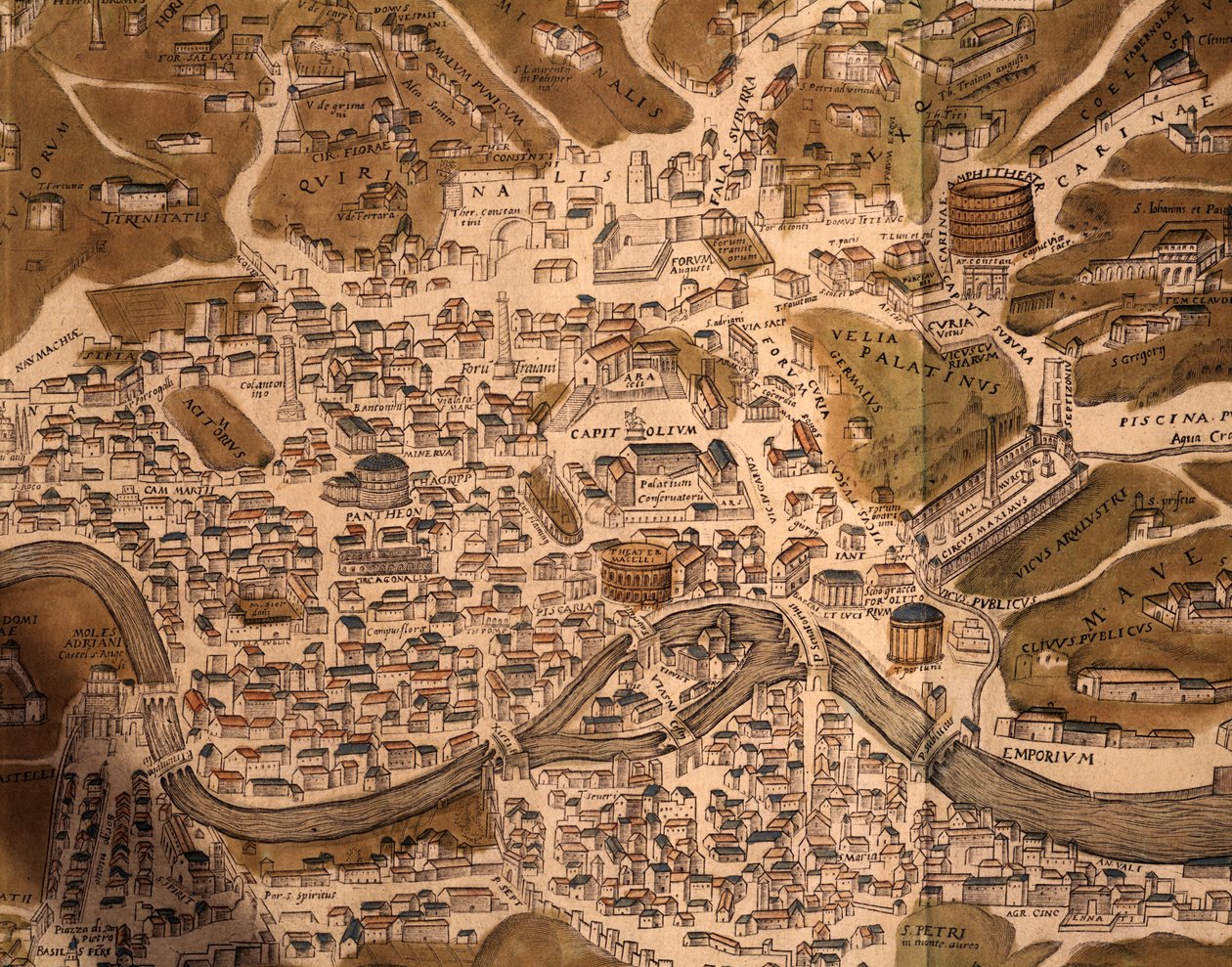 Město Řím, mapová deska, detail z Civitates orbis terrarum, Města světa, od Georga Brauna (1541-1622) a Franze Hogenberga (1535-1590), činný v Kolíně nad Rýnem, rytina, Itálie od Georg Braun and Hogenberg Franz