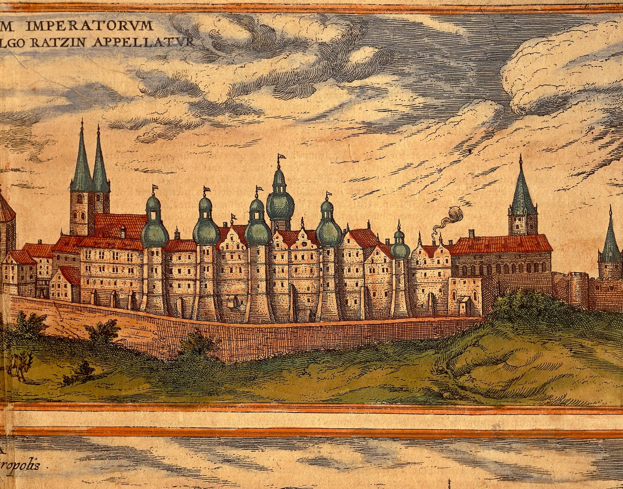 Česká republika, Praha, Pohled na palác, barevná rytina z Civitates Orbis Terrarum od Georga Brauna (1541-1622) a Franze Hogenberga (1535-1590) od Georg Braun and Hogenberg Franz