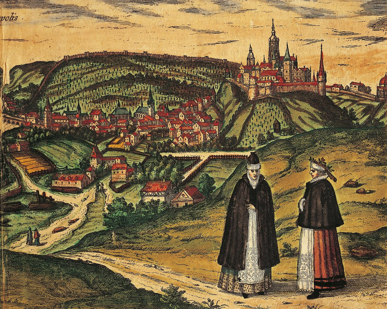 Česká republika, Praha, Pohled na město s citadelou v pozadí, barevná rytina z Civitates Orbis Terrarum od Georga Brauna (1541-1622) a Franze Hogenberga (1535-1590) od Georg Braun and Hogenberg Franz