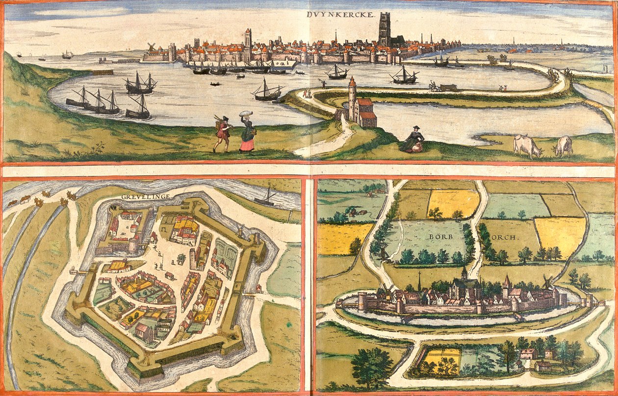 Dunkirk, Gravelines, Bourbourg, Francie od Georg and Hogenberg Franz (1535 90) Braun
