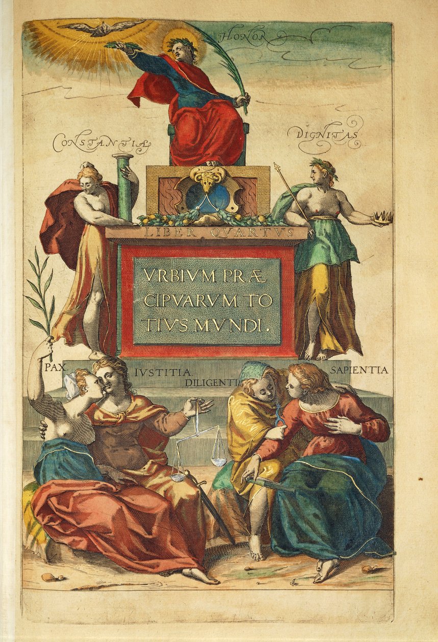 Frontispis svazku IV zobrazující alegorické postavy ze Spojených států od Georga Brauna od Georg Braun and Hogenberg Franz