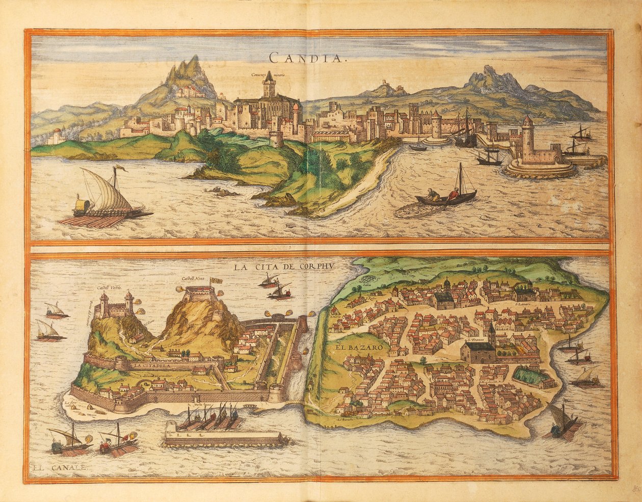 Heraklion, Candia a Korfu z Cities of the World od Georga Brauna od Georg Braun and Hogenberg Franz