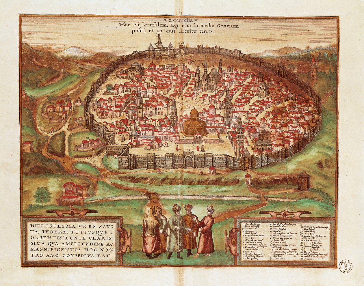 Izrael a Palestina, město Jeruzalém, Georg Braun a Franz Hogenberg, z Civitates Orbis Terrarum, barevná rytina od Georg Braun and Hogenberg Franz