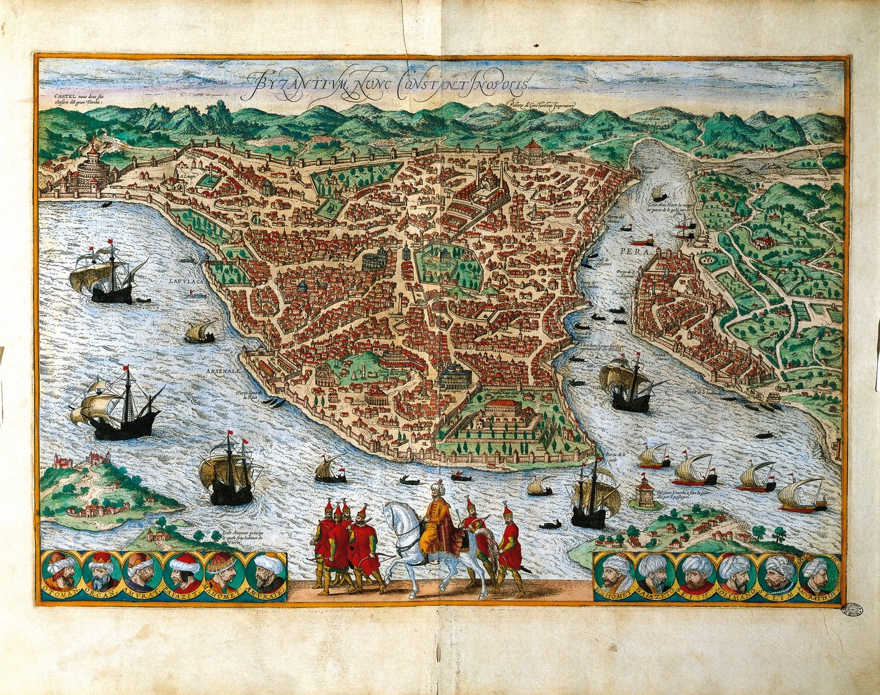 Itálie, Milán, Perspektivní pohled na město Constantinpole od Georga Brauna (1541-1622) a Franze Hogenberga (1535-1590), barevná rytina od Georg Braun and Hogenberg Franz