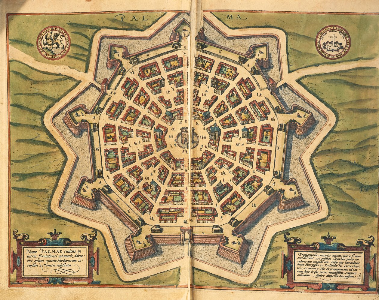 Itálie, Palmanova, mapa, rytina z Civitates Orbis Terrarum od Georga Brauna a Franze Hogenberga, působící v Kolíně nad Rýnem od Georg Braun and Hogenberg Franz