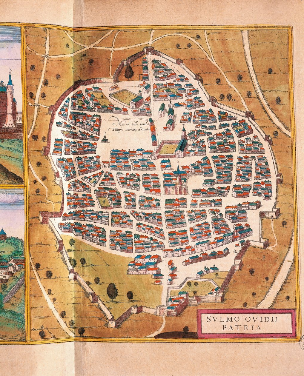 Itálie, Sulmona, město Sulmona z Civitates Orbis Terrarum od Georga Brauna a Franze Hogenberga, rytina od Georg Braun and Hogenberg Franz