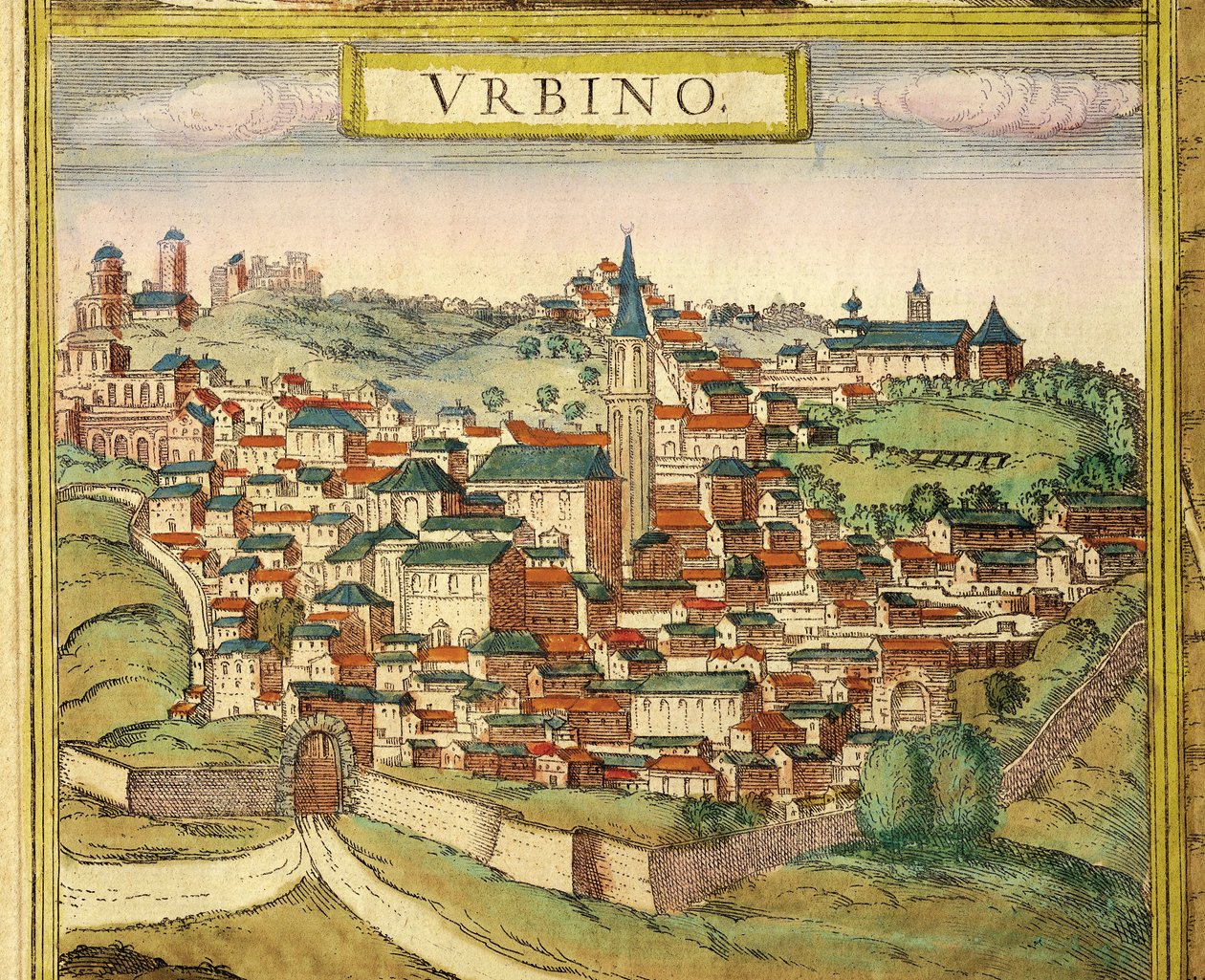 Itálie, Urbino, Pohled na město, barevná rytina z Civitates Orbis Terrarum od Georga Brauna (1541-1622) a Franze Hogenberga (1535-1590) od Georg Braun and Hogenberg Franz