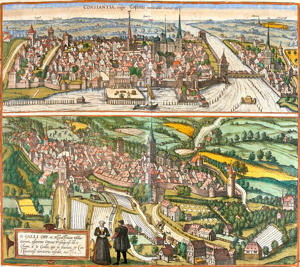 Constance, St, Gallen, , Německo, Švýcarsko od Georg and Hogenberg Franz (1535 90) Braun