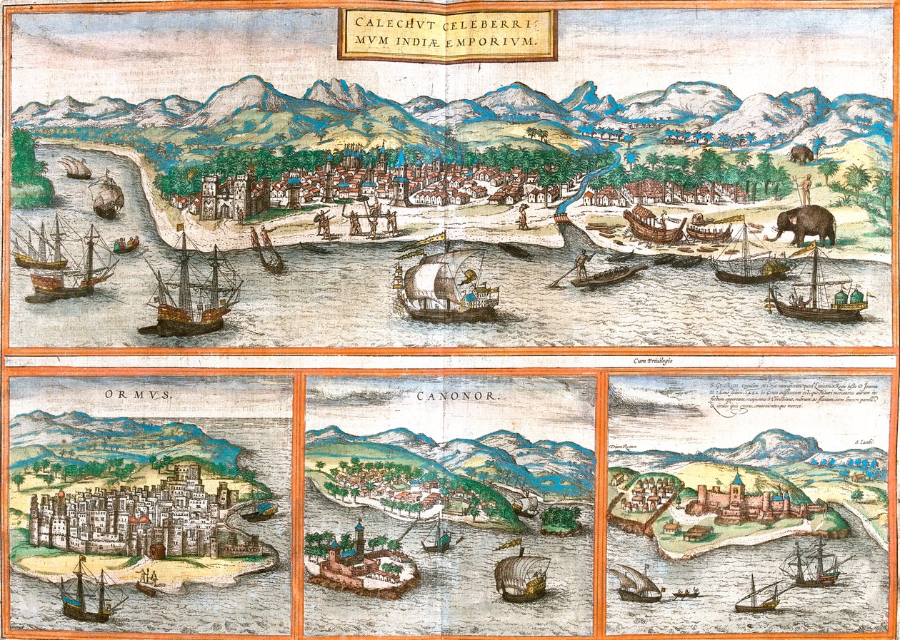 Kozhikode, ostrov Hormuz, Kannur, Elmina, Indie, Írán, Ghana od Georg and Hogenberg Franz (1535 90) Braun