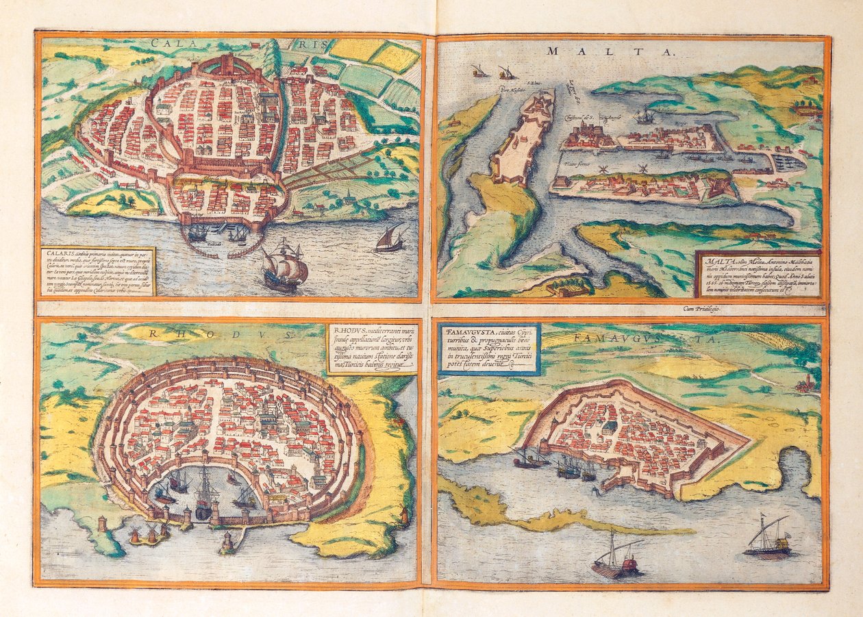 Mapa Cagliari, Malty, Rhodosu a Famagusty z Civitates Orbis Terrarum od Georga Brauna od Georg Braun and Hogenberg Franz