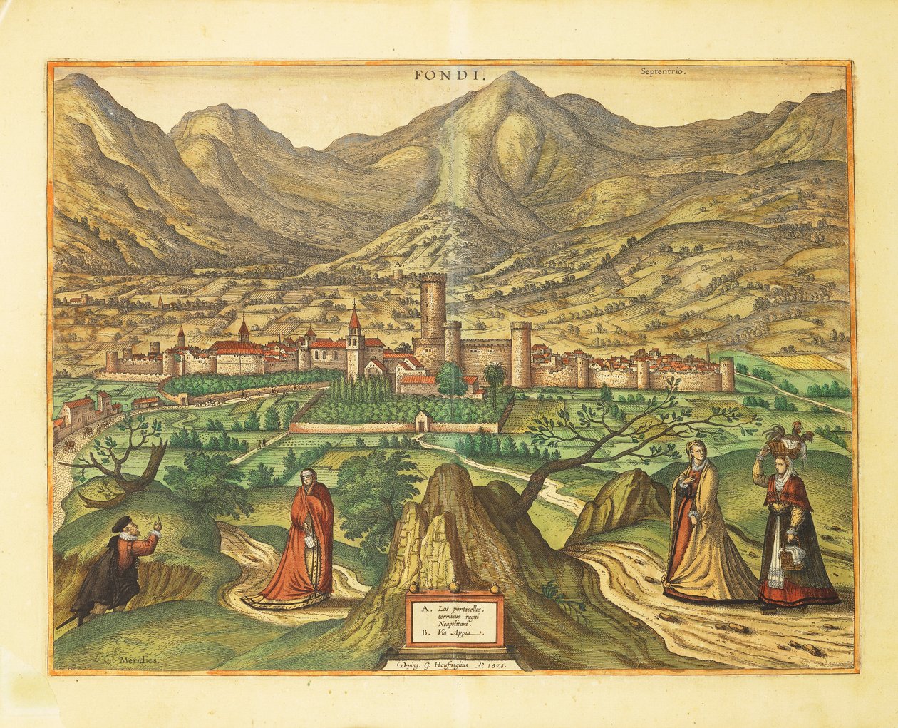 Mapa Fondi, region Lazio z Civitates Orbis Terrarum od Georga Brauna od Georg Braun and Hogenberg Franz