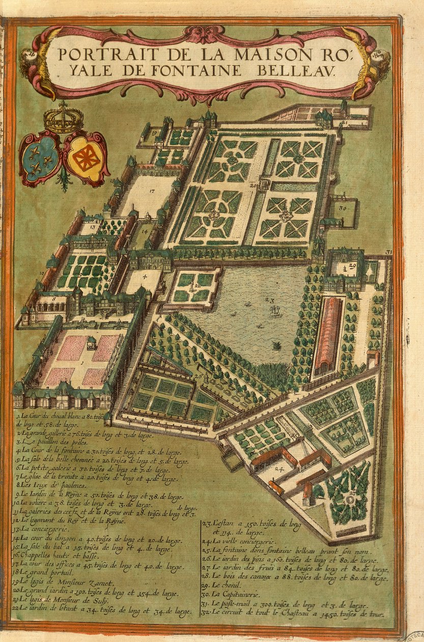 Mapa hradu Fontainebleau z druhé světové války od Georga Brauna od Georg Braun and Hogenberg Franz