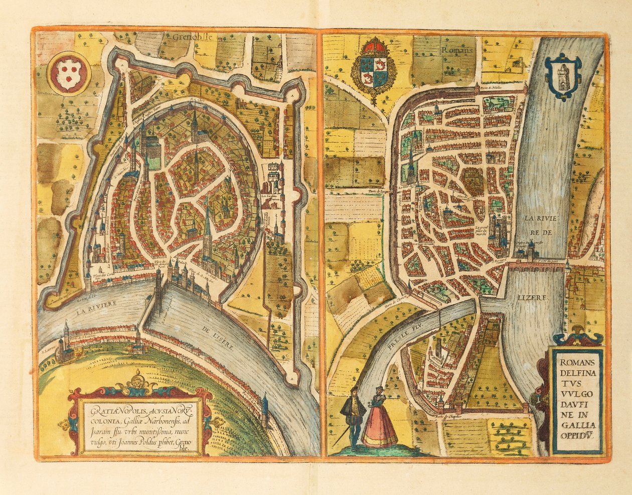 Mapa Grenoblu a Le Mans ze Světových měst od Georga Brauna od Georg Braun and Hogenberg Franz