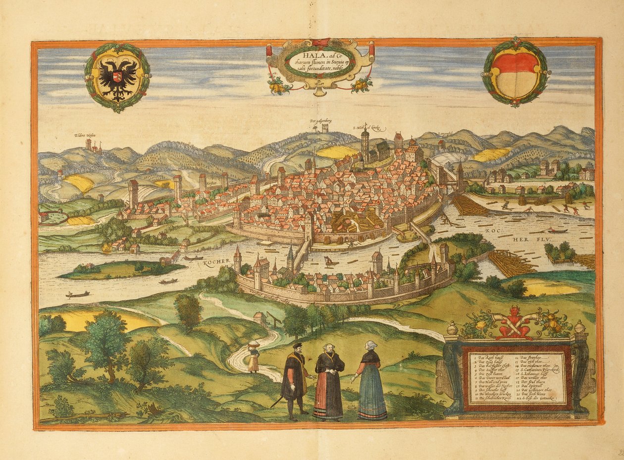 Mapa Halle an der Saale z Civitates Orbis Terrarum od Georga Brauna od Georg Braun and Hogenberg Franz