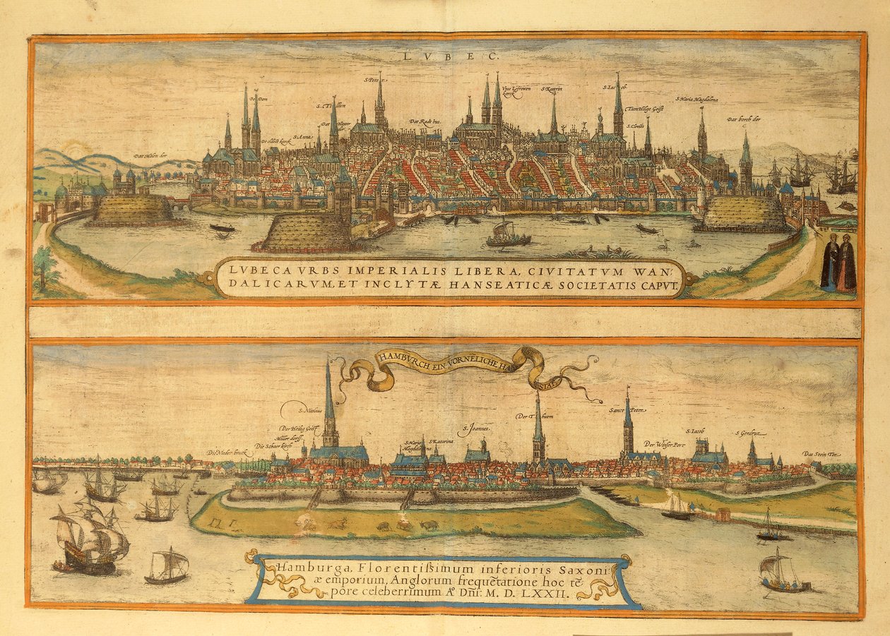 Mapa Lübecku a Hamburku z Civitates Orbis Terrarum od Georga Brauna od Georg Braun and Hogenberg Franz