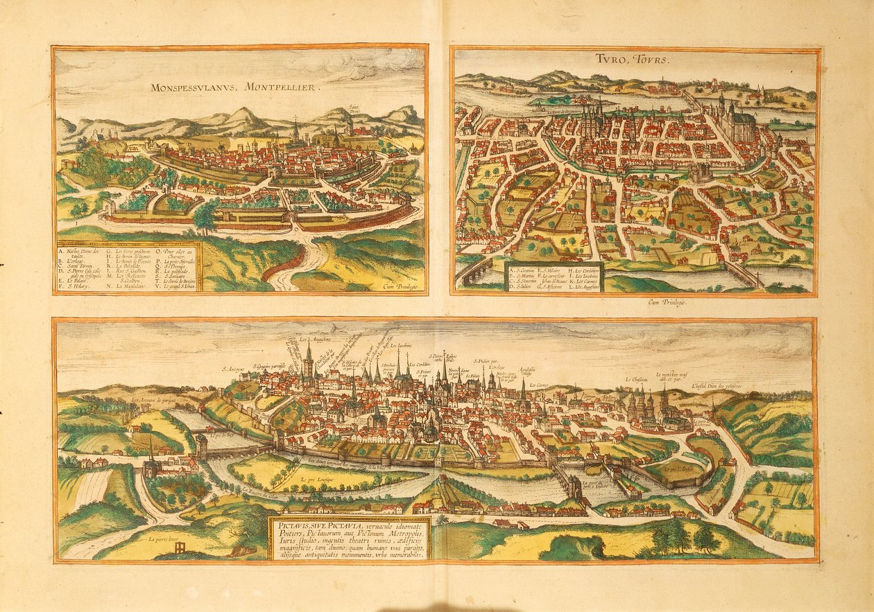 Mapa Montpellier, Tours a Poitiers z Civitates Orbis Terrarum od Georga Brauna od Georg Braun and Hogenberg Franz