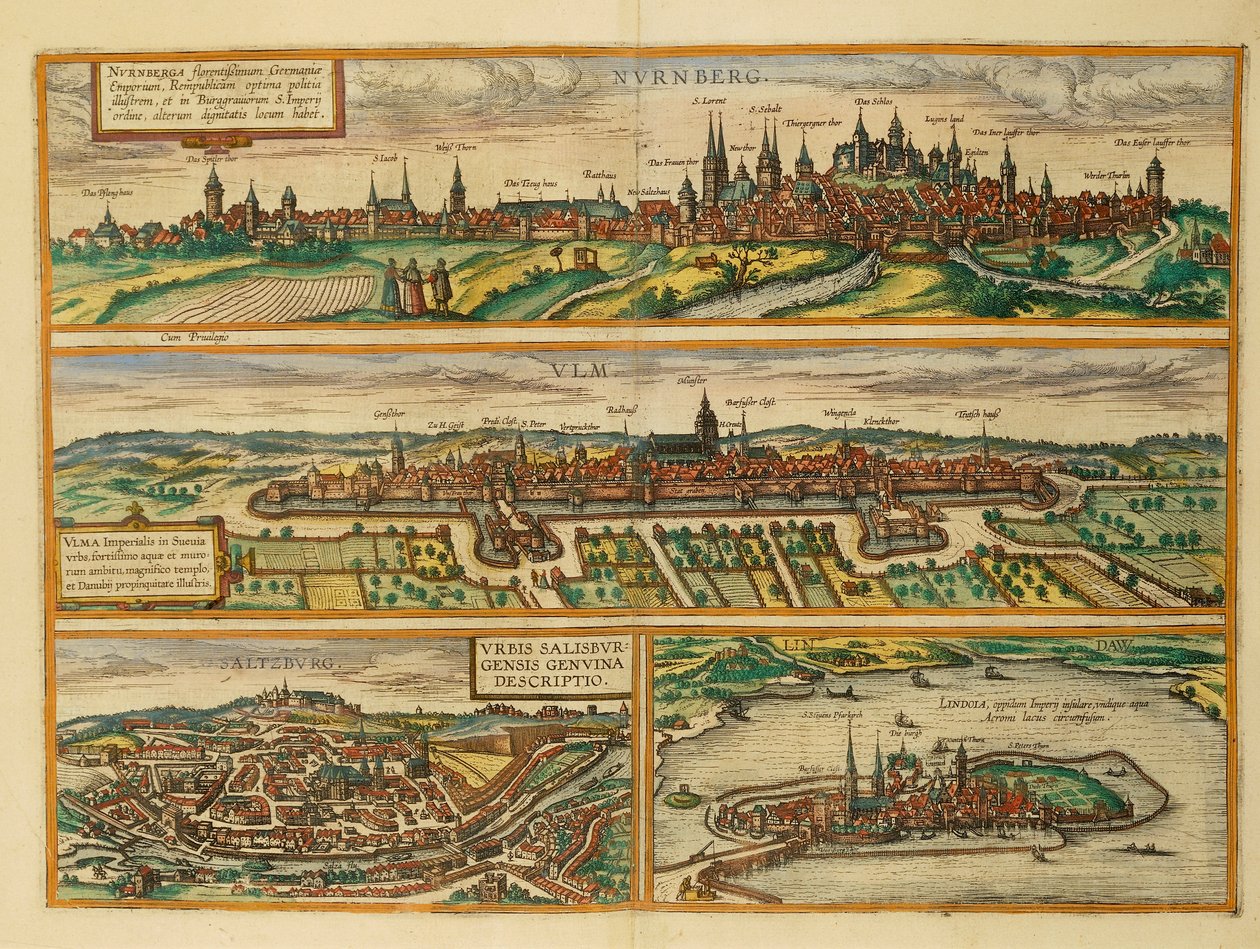 Mapa Norimberku, Ulmu, Salzburgu a Lindau z Civitates Orbis Terrarum od Georga Brauna od Georg Braun and Hogenberg Franz