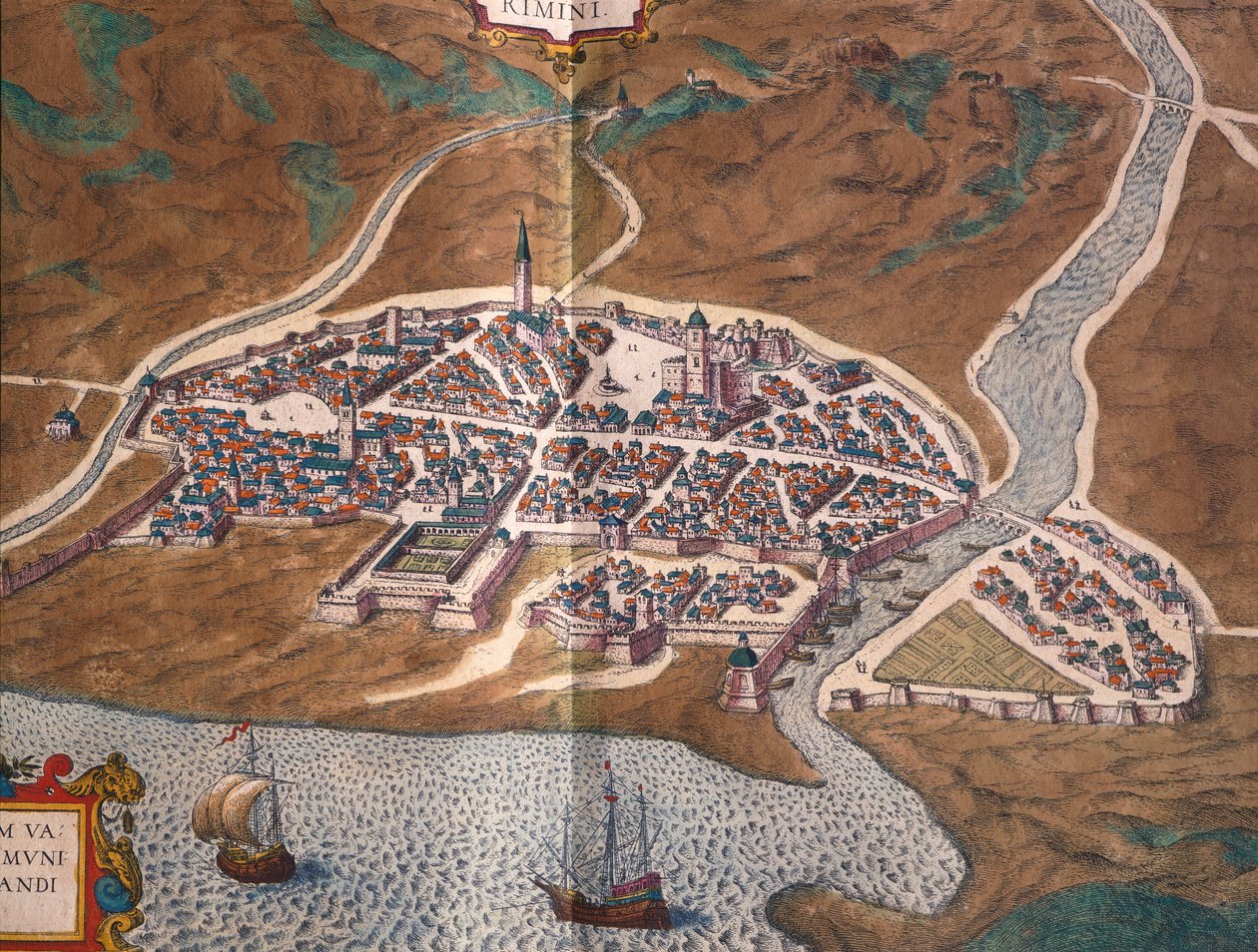 Mapa Rimini, Georg Braun a Franz Hogenberg, kolorovaná rytina z Civitates Orbis Terrarum, Itálie od Georg Braun and Hogenberg Franz