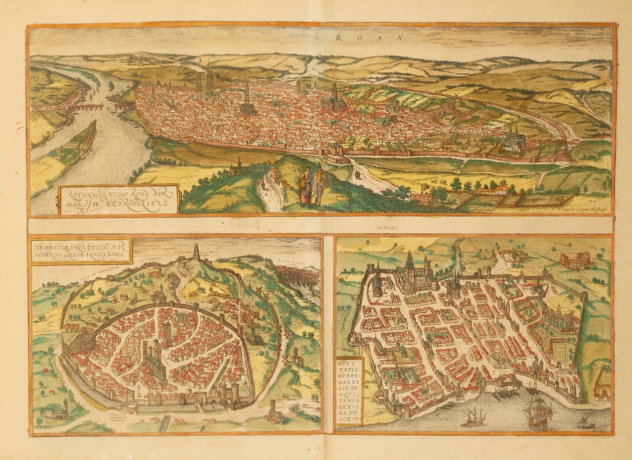 Mapa Rouen, Nimes a Bordeaux z druhé světové války od Georga Brauna od Georg Braun and Hogenberg Franz