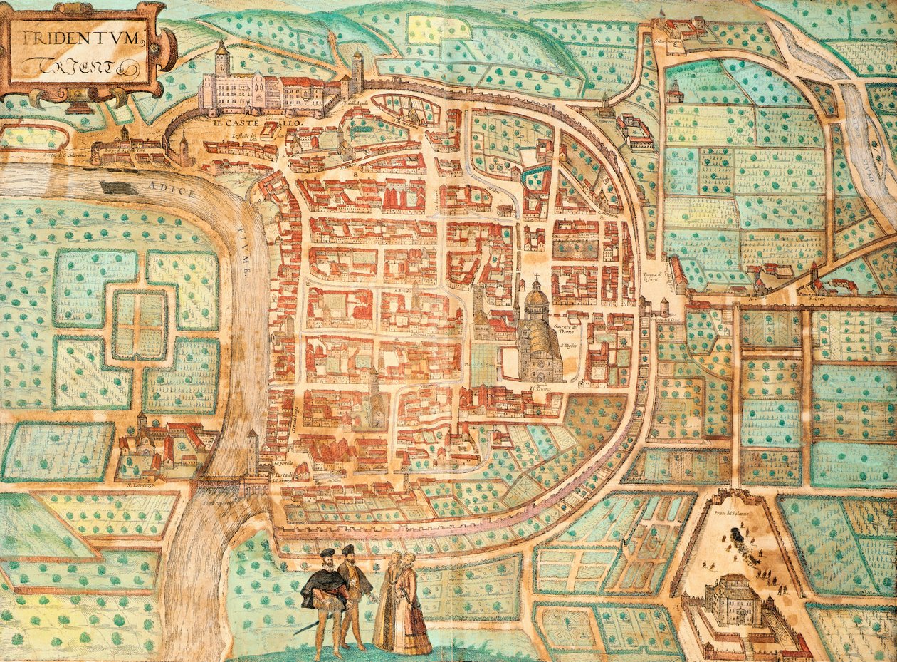 Mapa Tridentum, dnes Trent, od Georga Brauna a Franze Hogenberga, kolorovaná rytina z Civitates Orbis Terrarum, Itálie od Georg Braun and Hogenberg Franz