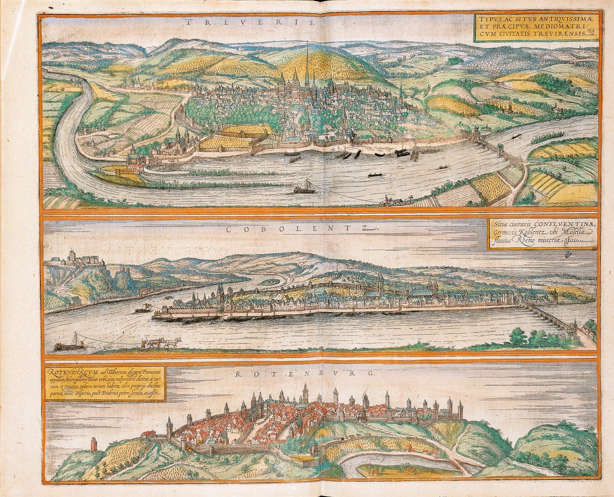 Mapa Trier, Koblenz a Rothenburg ob der Tauber z Civitates Orbis Terrarum od Georga Brauna od Georg Braun and Hogenberg Franz