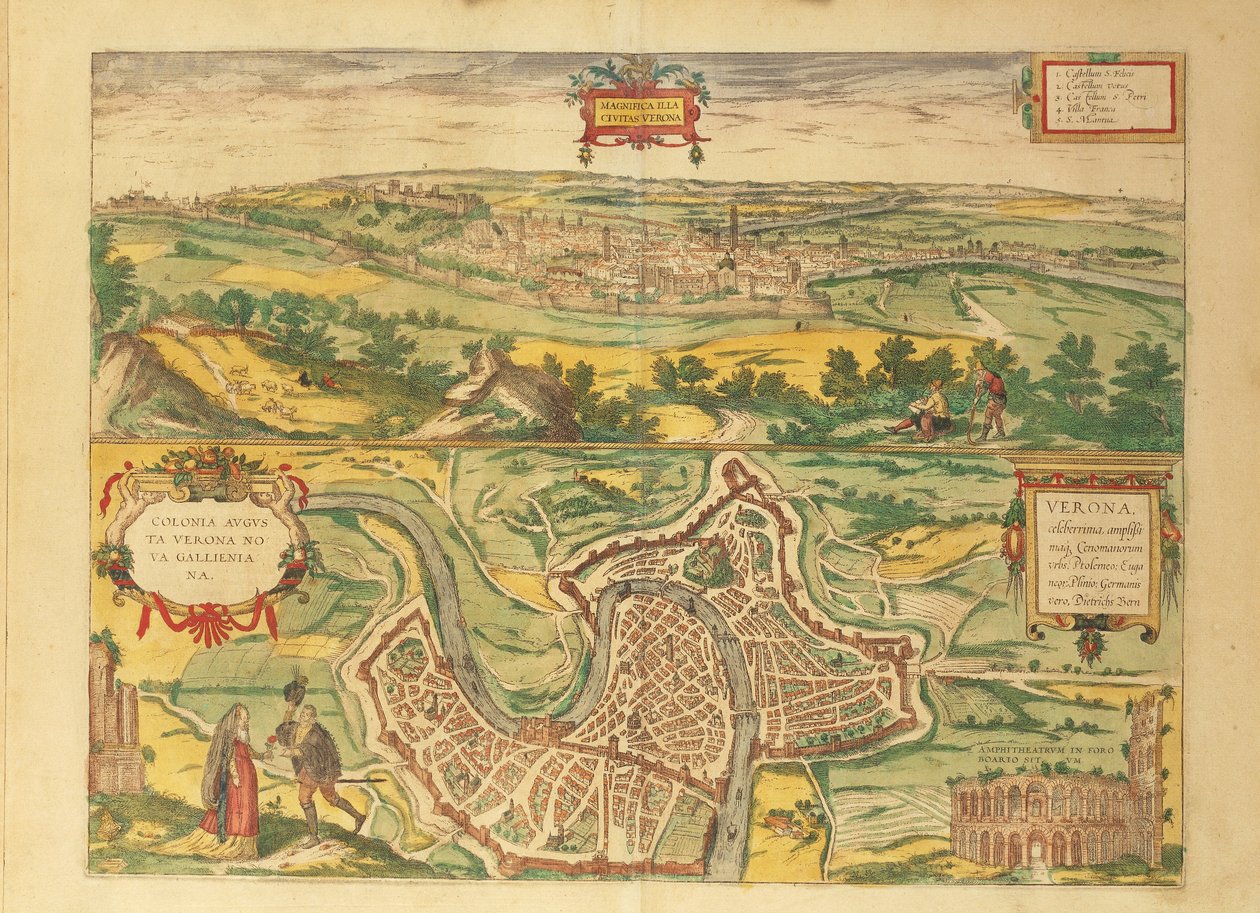 Mapa Verony z měst světa od Georga Brauna od Georg Braun and Hogenberg Franz