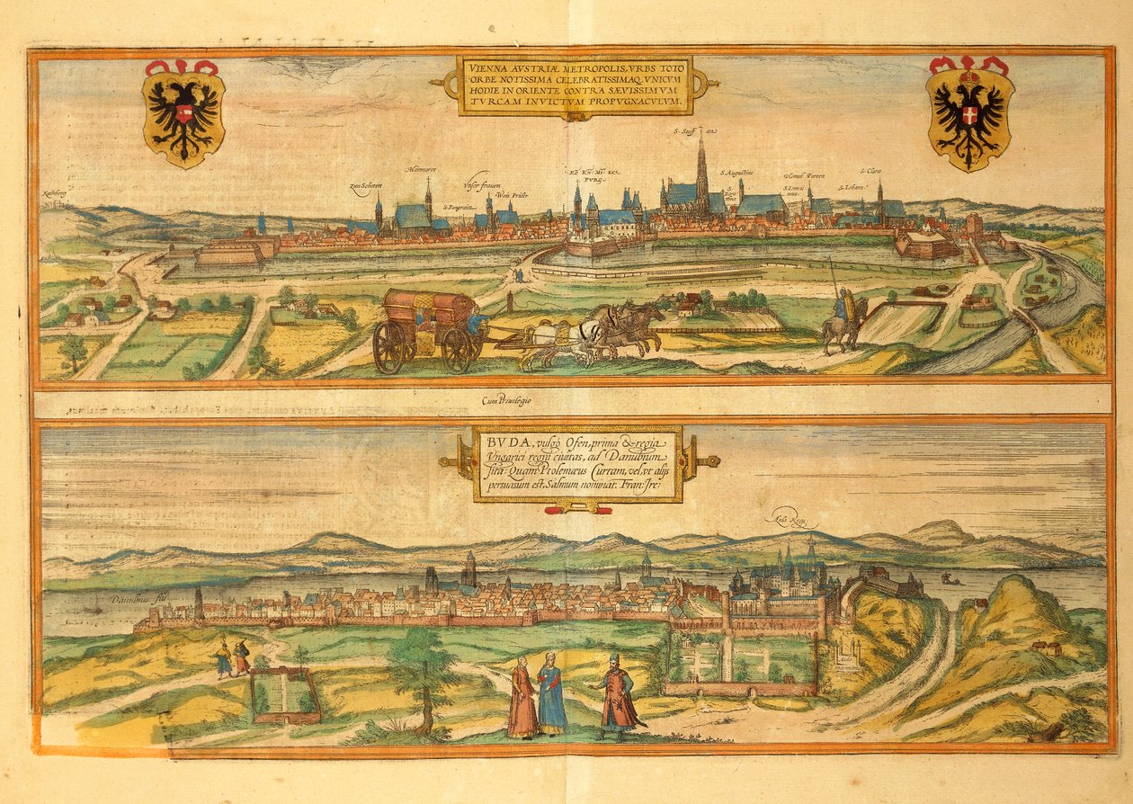 Mapa Vídně a Budína z druhé světové války od Georga Brauna od Georg Braun and Hogenberg Franz