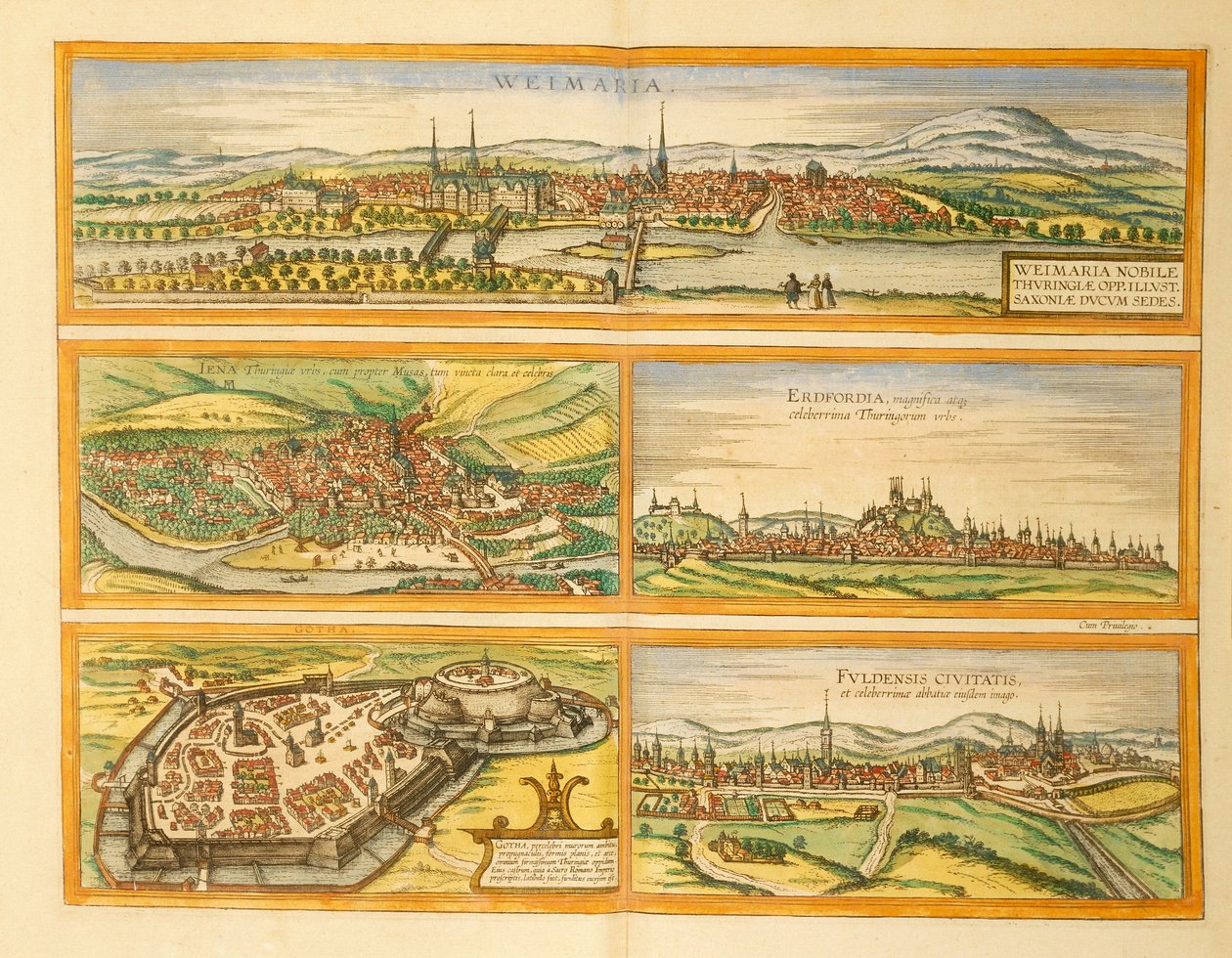 Mapa Výmaru, Jeny, Erfurtu, Gothy a Fuldy z druhé světové války od Georga Brauna od Georg Braun and Hogenberg Franz
