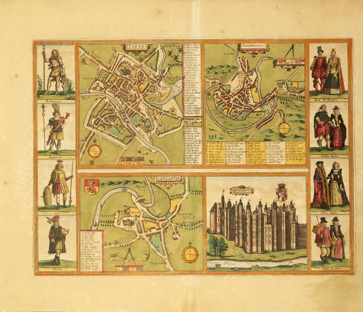 Mapa Yorku, Shrewbury, Lancaster a Richmond Castle z Civitates Orbis Terrarum od George Brauna od Georg Braun and Hogenberg Franz