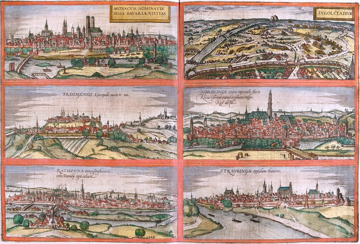 Mnichov, Ingolstadt, Freising, Nördlingen, Regensburg, Straubing, Německo od Georg and Hogenberg Franz (1535 90) Braun