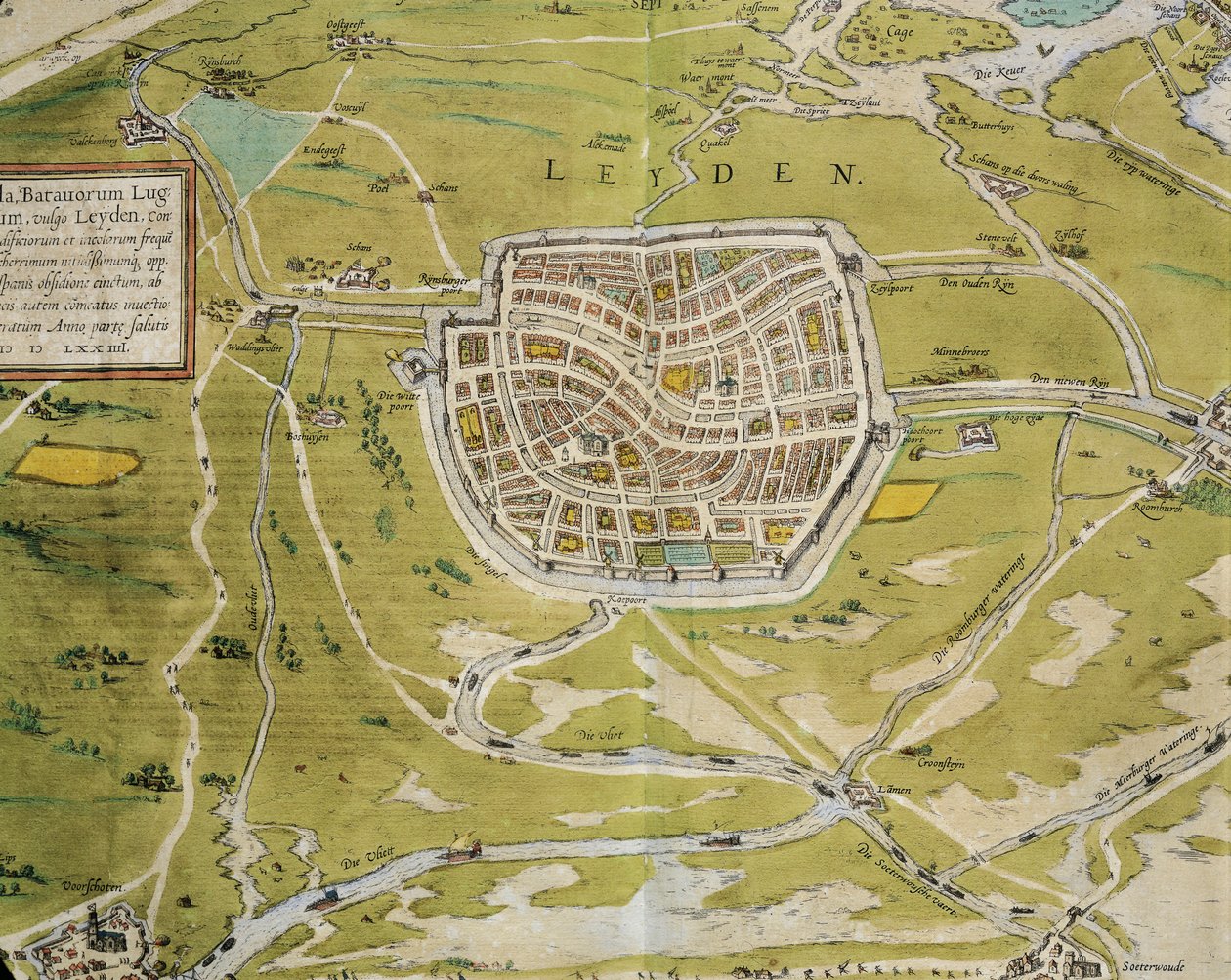 Nizozemsko, Mapa města a regionu Leiden z Civitates Orbis Terrarum od Georga Brauna (1541-1622) a Franze Hogenberga (1540-1590), Kolín nad Rýnem, rytina od Georg Braun and Hogenberg Franz