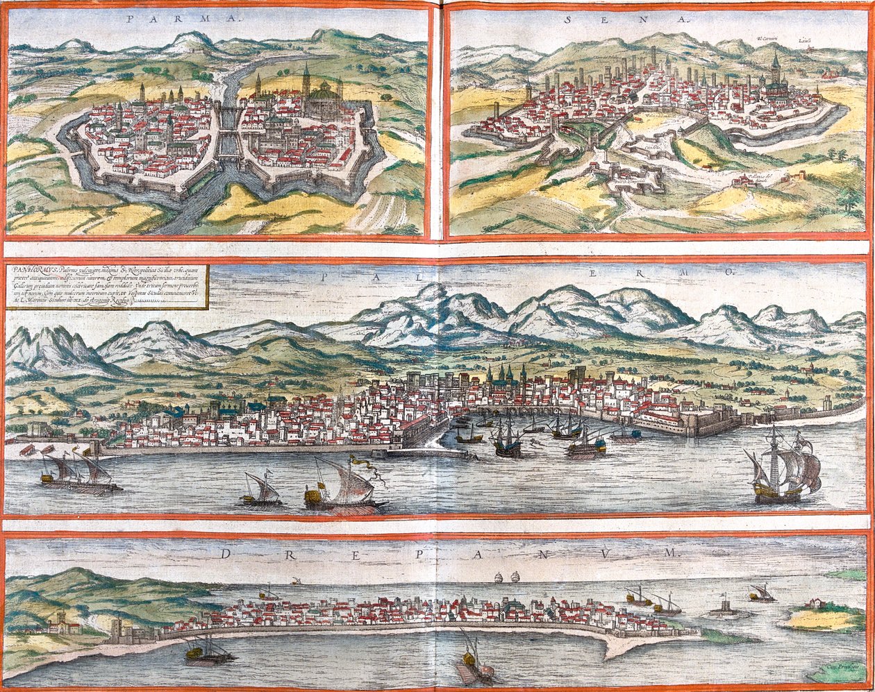 Parma, Siena, Palermo, Trapani, Itálie od Georg and Hogenberg Franz (1535 90) Braun