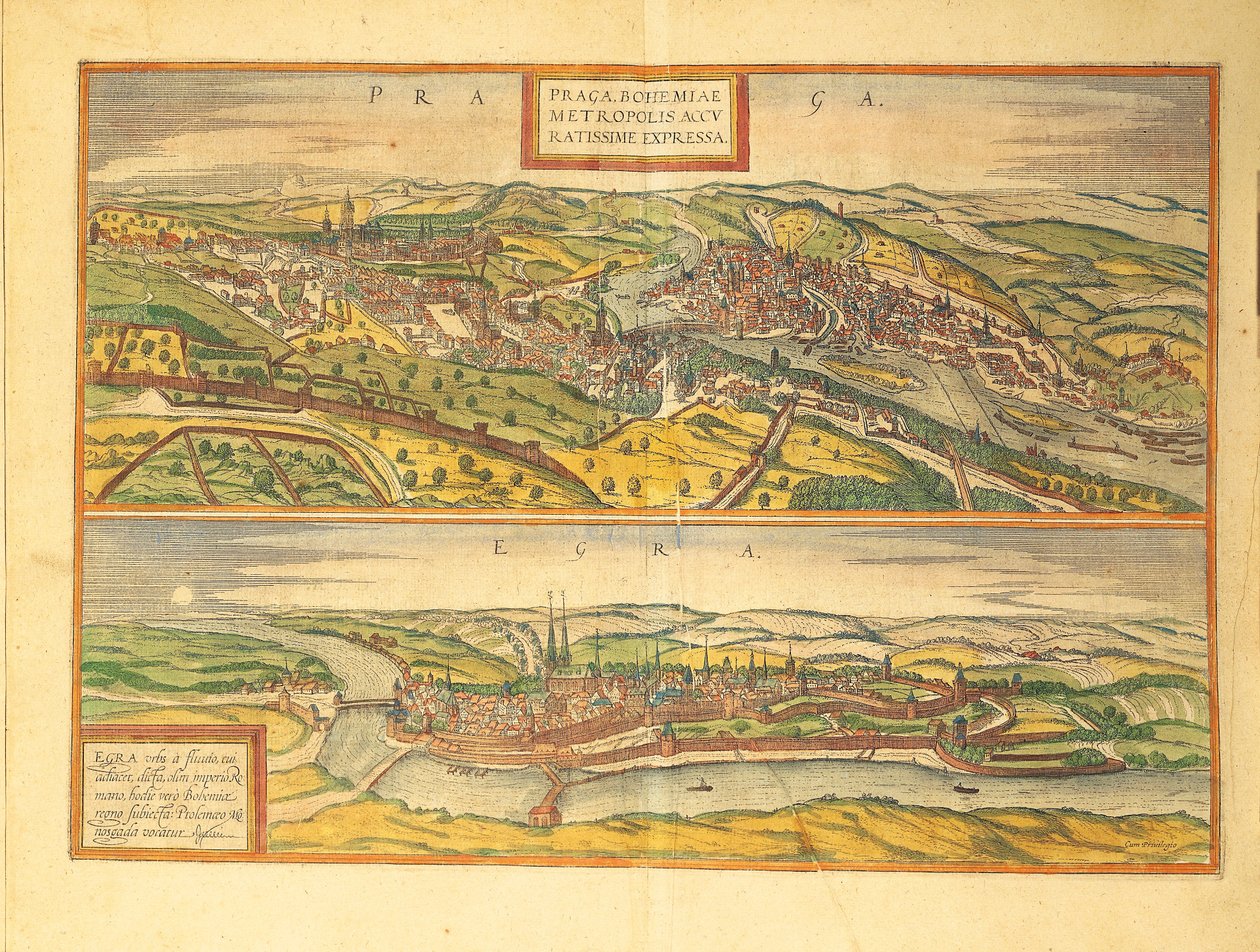 Praha a Cheb, Eger z Civitates Orbis Terrarum od Georga Brauna od Georg Braun and Hogenberg Franz