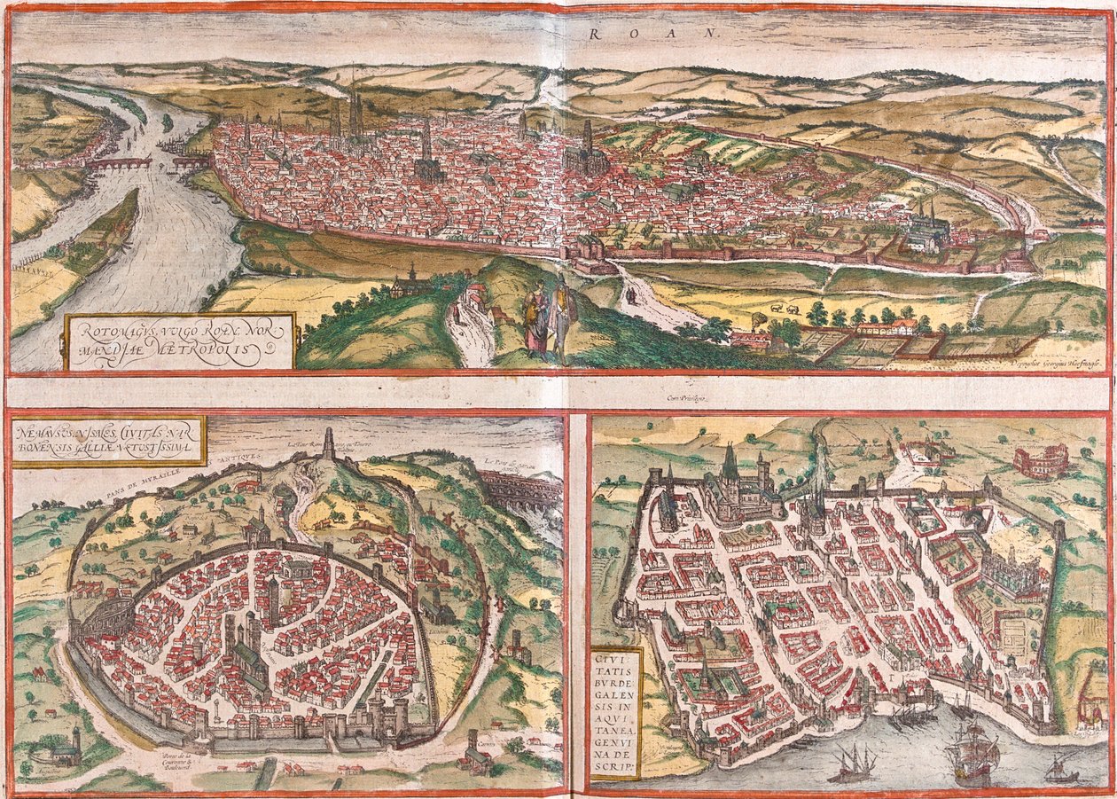 Rouen, Nimes, Bordeaux, Francie od Georg and Hogenberg Franz (1535 90) Braun