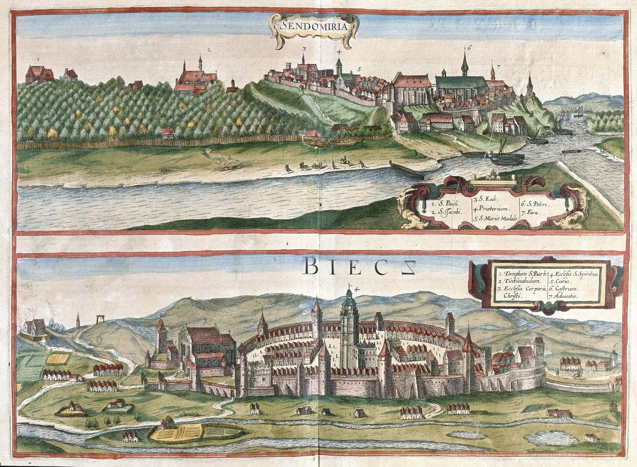 Sandomierz a Biecz, Polsko (rytina od Georg Braun and Hogenberg Franz
