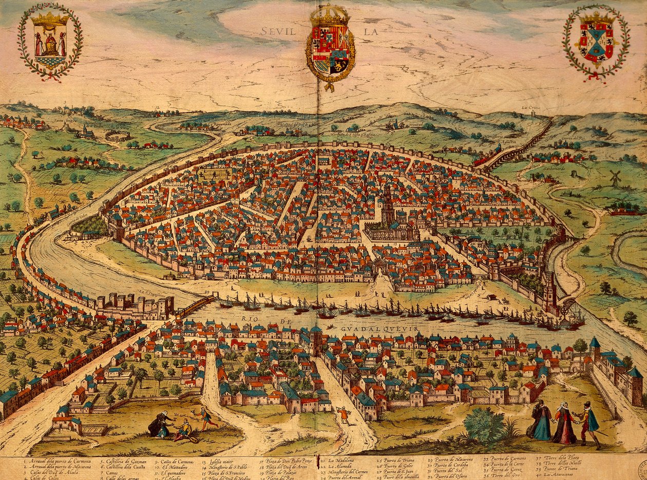 Španělsko, Sevilla, Pohled na město, barevná rytina z Civitates Orbis Terrarum od Georga Brauna (1541-1622) a Franze Hogenberga (1535-1590) od Georg Braun and Hogenberg Franz