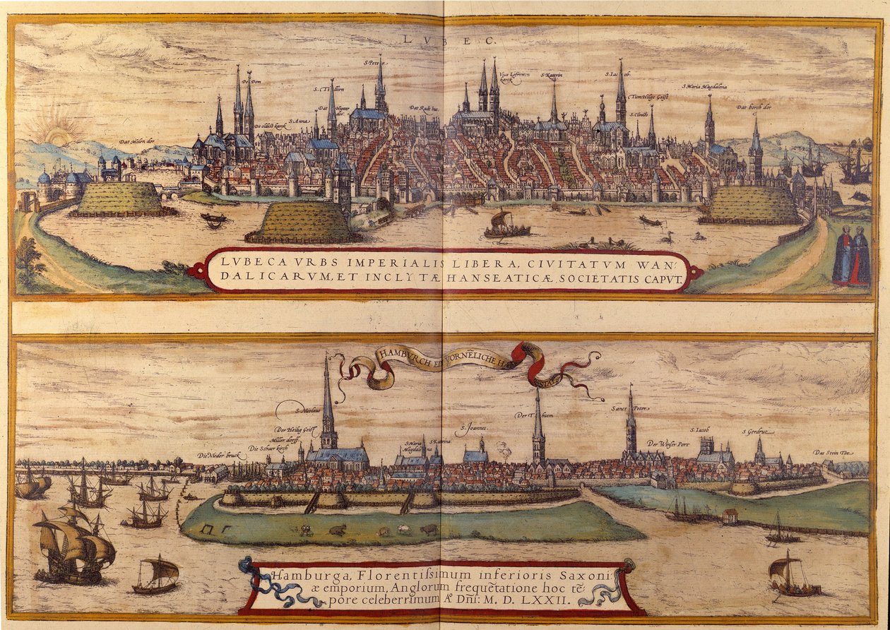 Pohled shora na město Lübeck, pod městem Hamburk v Německu. Rytina z Atlasu „Braun a Hogenberg“ 1572 od Georg Braun and Hogenberg Franz