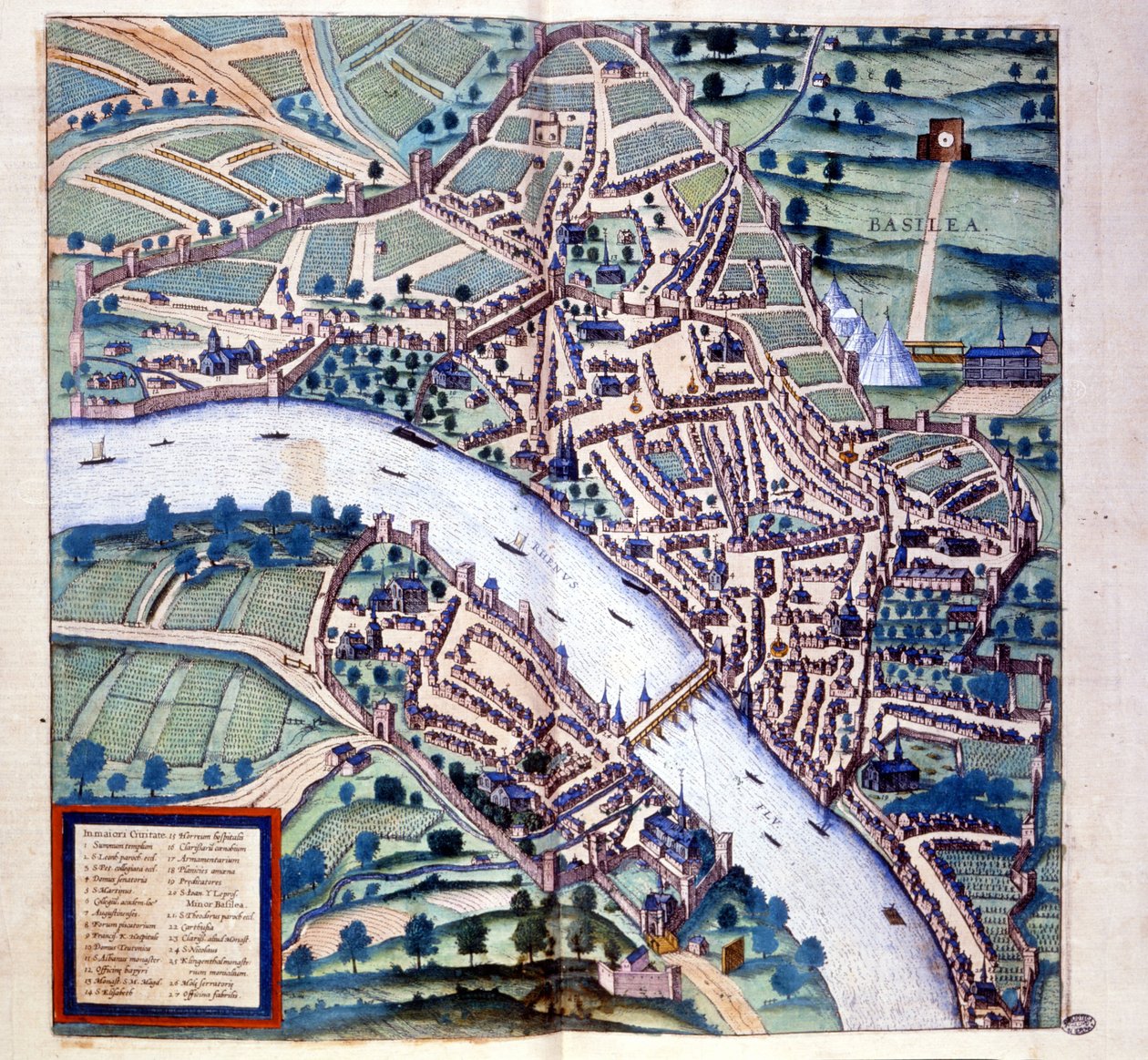 Basilej (Švýcarsko), pohled z ptačí perspektivy - v ""Atlas"" od Braun & Hogenberg od Georg Braun and Hogenberg Franz