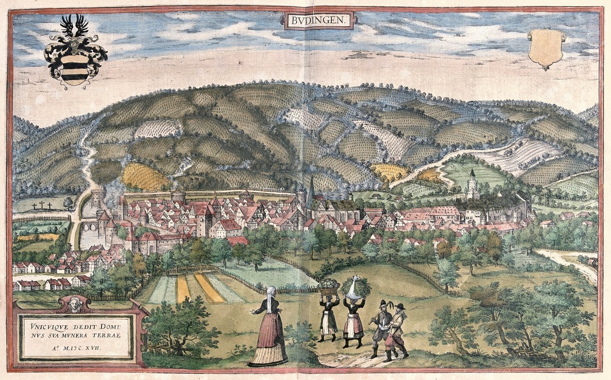 Budingen (Hesensko), Německo (rytina od Georg Braun and Hogenberg Franz
