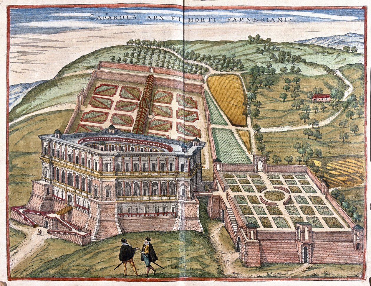 Palác Caprarola a zahrady Farnese, Lazio, Itálie (rytina od Georg Braun and Hogenberg Franz