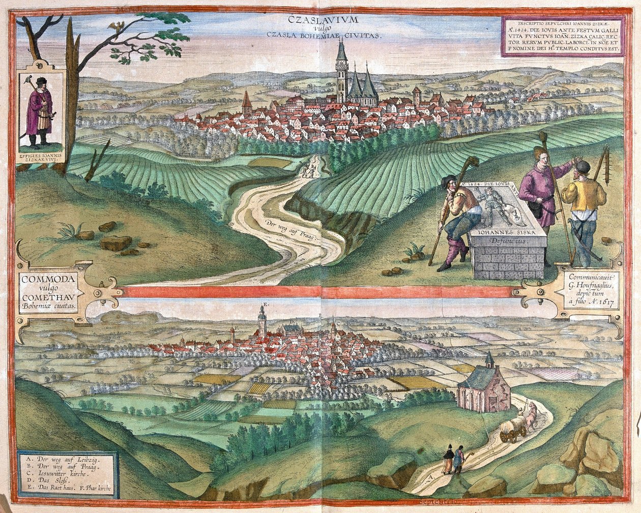 Čáslav (Boheme) a Chomutov, Česká republika (rytina od Georg Braun and Hogenberg Franz